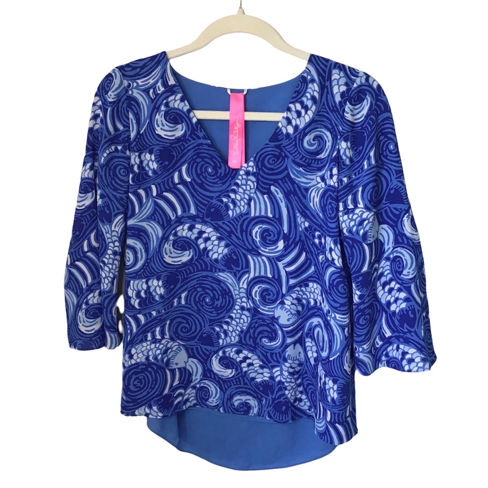 Lilly Pulitzer Florin V Neck Blue Grotto Blouse Xsmall 3/4 Sleeve